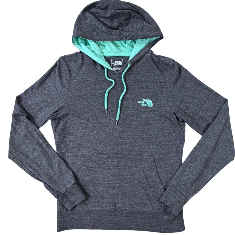 North Face Hoodie Womens Med Heathered Gray Teal Pullover Kangaroo Pocket Active